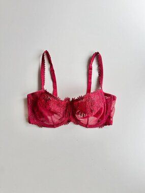 CHANTELLE Red Floral Embroidered Tulle Lace Balconette Bra, Size 36DDD